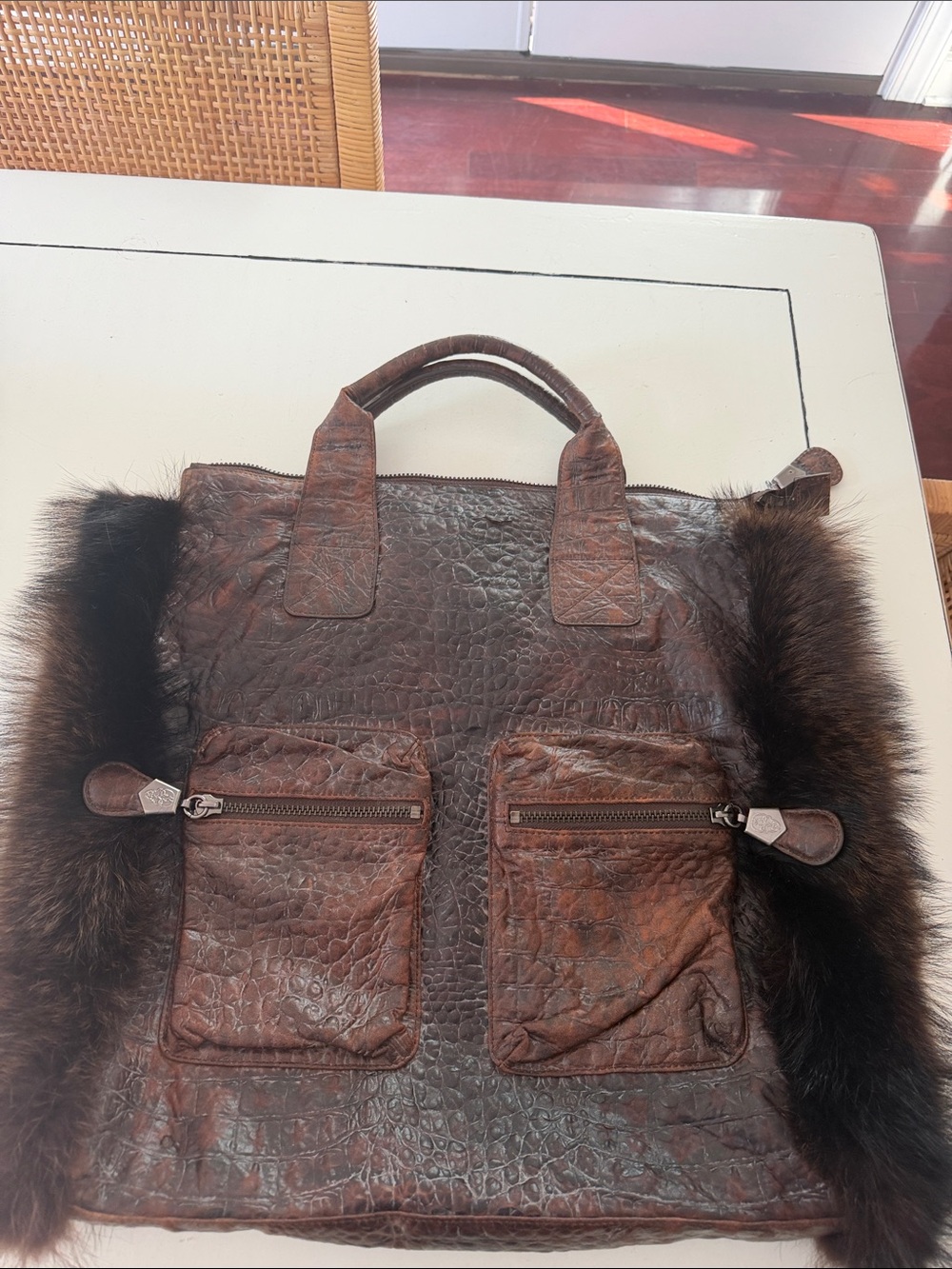 Thomas Wylde Dark Brown Textured Leather Tote with Fur Sides